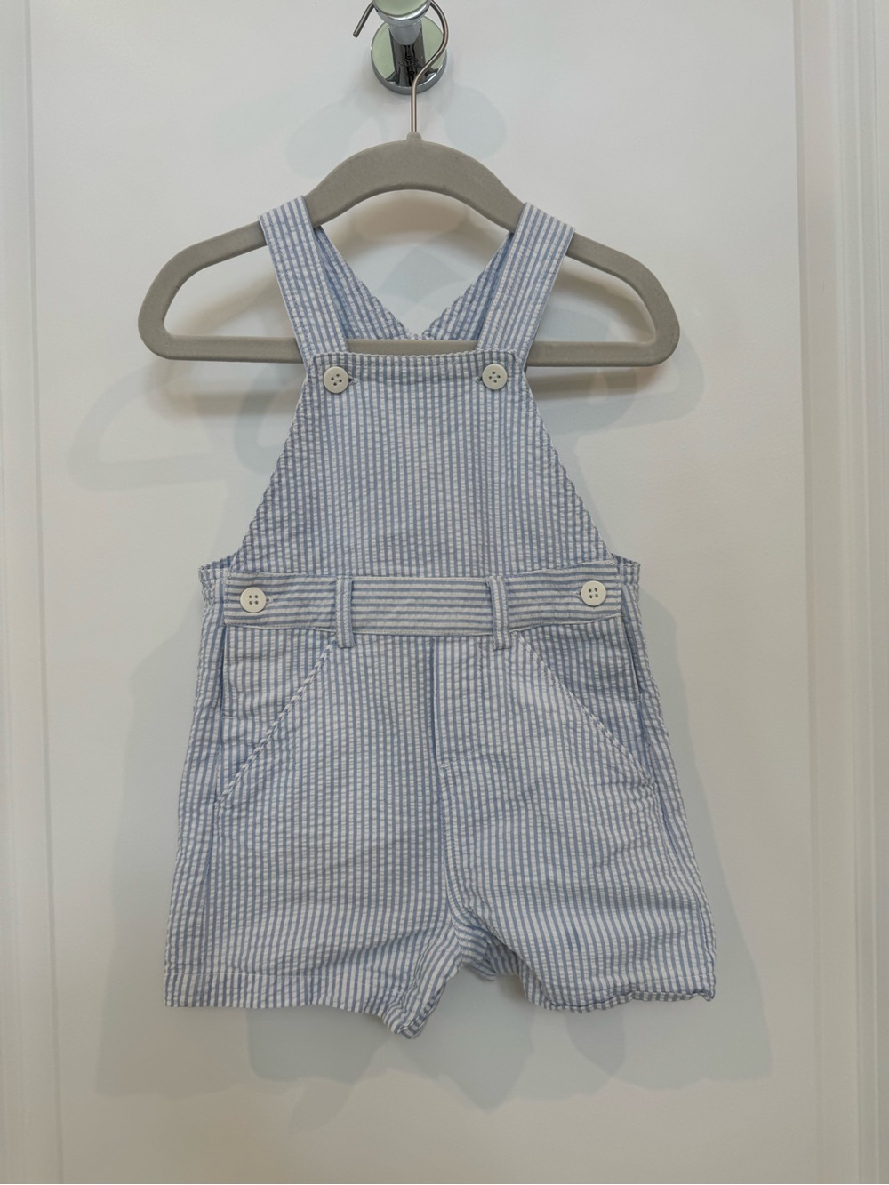 Jacadi Striped Blue Cotton Seersucker Overalls